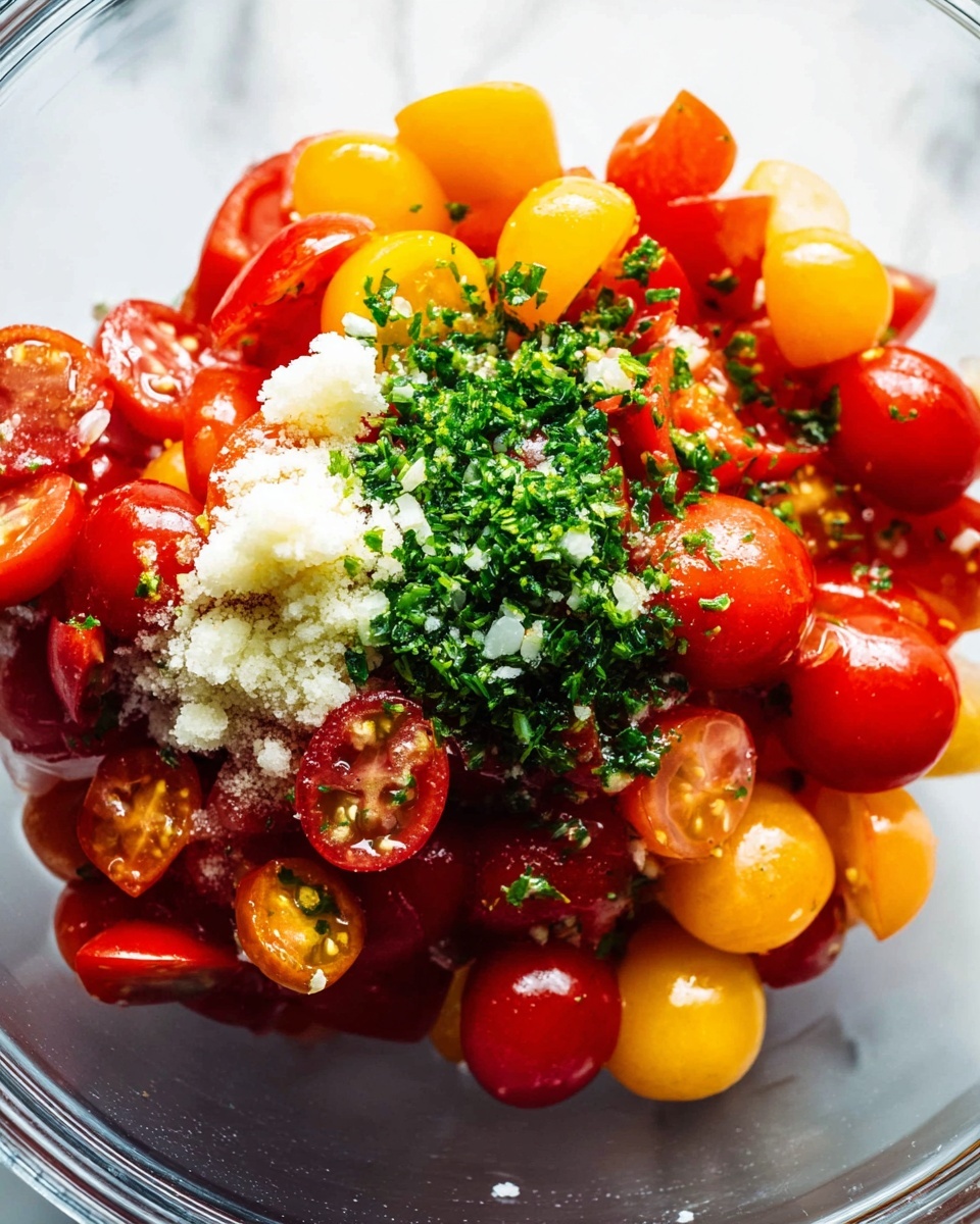 A close-up view of a bowl filled with chopped cherry and grape tomatoes in various colors including red, yellow, and orange, all mixed together. On top of the tomatoes, there are small piles of finely chopped green herbs, minced garlic clumps, and a sprinkle of coarse salt. The tomatoes are shiny and juicy, giving the image a fresh and vibrant look. The bowl is clear, set on a white marbled surface, with natural light brightening the scene. photo taken with an iphone --ar 4:5 --v 7