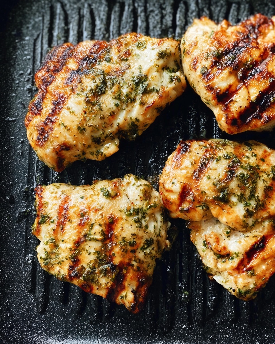Four grilled chicken pieces with a golden brown color and grilled marks sit closely on a black grill pan. The chicken has green herb seasoning scattered unevenly on top, giving a fresh look. The grill pan's ridges create dark charred lines under the chicken, which shines slightly with oil. The background is a white marbled texture. photo taken with an iphone --ar 4:5 --v 7