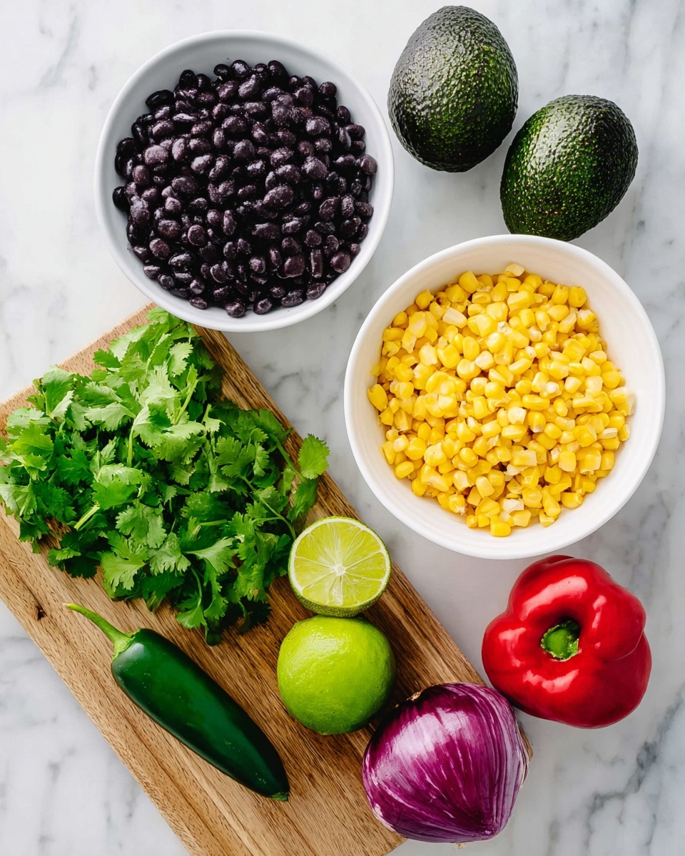 A top-down view of fresh ingredients arranged on a white marbled surface, including two whole avocados with dark green, bumpy skin placed near the top right, a white bowl filled with shiny black beans at the top left, and another white bowl filled with bright yellow corn kernels at the center right. Below the bowl of black beans is a wooden cutting board holding a bunch of vibrant green cilantro leaves, a whole green jalapeño pepper, and a lime cut in half showing its juicy light green inside. To the right side of the cutting board, a red bell pepper with a glossy surface and a half of a red onion with purple layers are positioned at the lower right corner. photo taken with an iphone --ar 4:5 --v 7