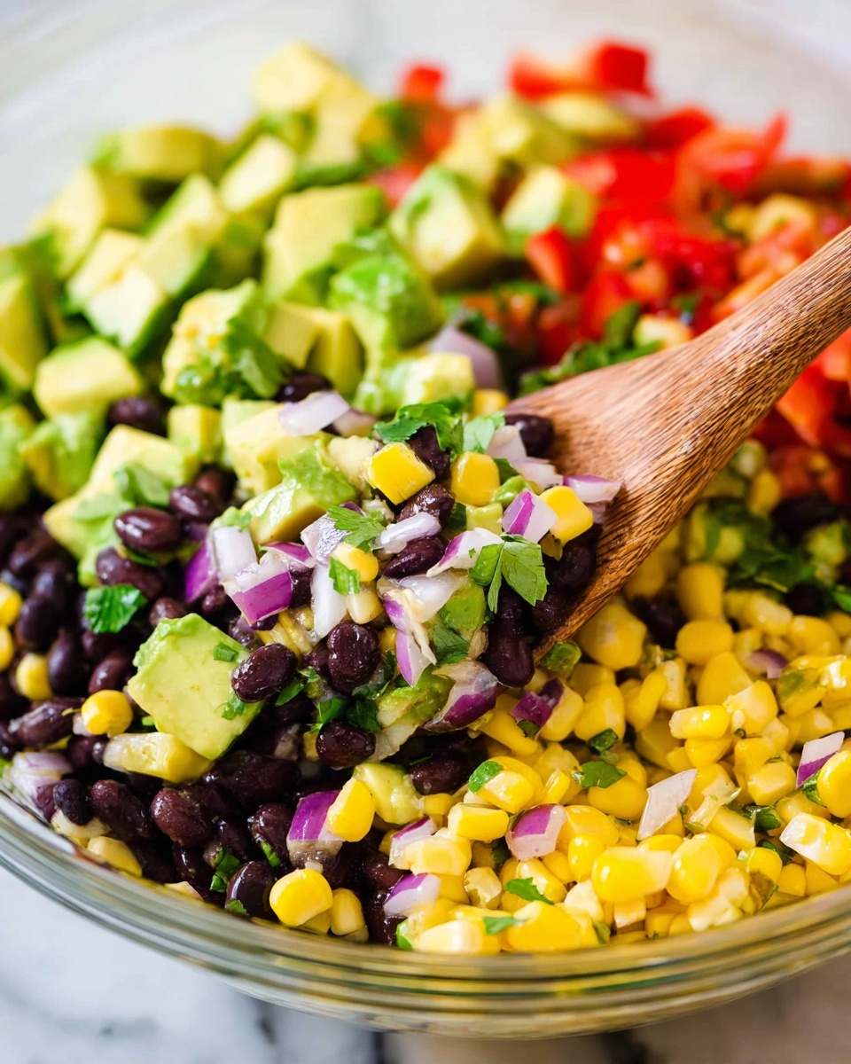The image shows a colorful salad with multiple layers of diced ingredients. The bottom layer includes bright yellow corn kernels, scattered throughout the bowl. Mixed on top are black beans with a smooth, shiny texture, creating a dark contrast. There are chunks of green avocado, creamy with soft edges, spaced evenly across the salad. Small cubes of red bell pepper and pale purple onion add sharp splashes of color. Fresh green cilantro leaves are mixed in, adding a touch of vibrancy. A wooden spoon is scooping the salad from the side, held by a woman's hand, with the whole dish set on a surface that looks like white marble. Photo taken with an iphone --ar 4:5 --v 7