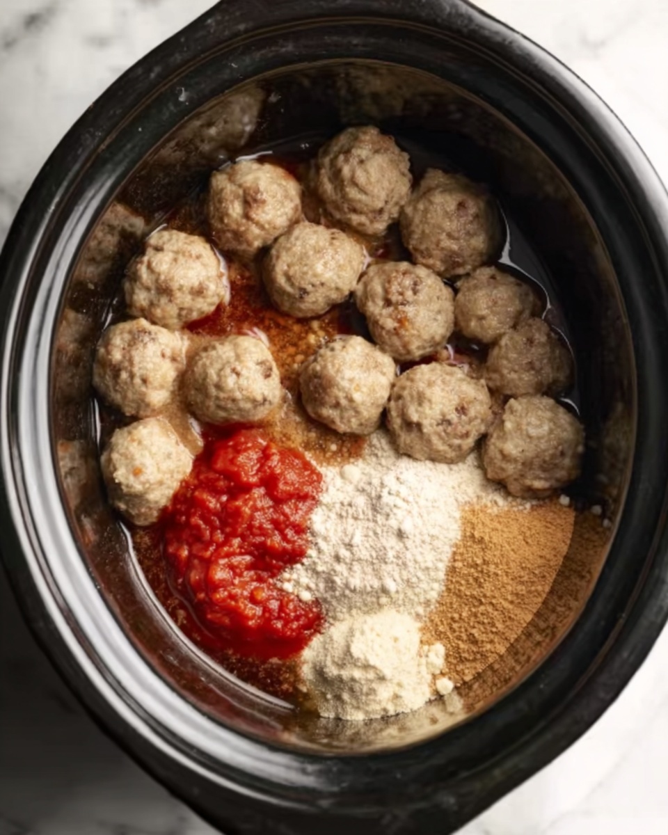 The image shows a slow cooker filled with several light brown meatballs in a dark interior. On one side, there is a small pile of red sauce sitting on top of the meatballs. Next to it are three separate piles of different powders and crushed dry ingredients in shades of light beige and tan. The ingredients are loosely arranged with some powder spreading slightly over the meatballs. The slow cooker is placed on a white marbled surface. Photo taken with an iphone --ar 4:5 --v 7