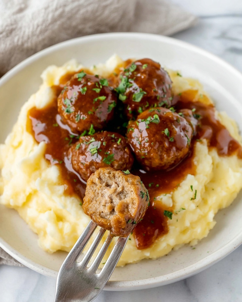A white plate holds a serving of creamy mashed potatoes as the bottom layer, soft and light yellow with a smooth, slightly lumpy texture. On top, there are five brown meatballs covered in a thick, glossy brown sauce that drips slightly onto the mashed potatoes. The meatballs are sprinkled with small green herb bits, adding contrast and freshness. At the front, a woman’s hand holds a fork with one meatball cut open, showing a tender, grainy inside. The background is white marble texture. photo taken with an iphone --ar 4:5 --v 7