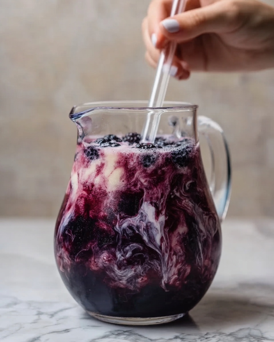 A clear glass pitcher filled with a dark purple liquid mixed with swirls of creamy white, showing a marbled effect throughout. The drink has visible whole blackberries floating near the top and throughout the layers, creating texture and depth. A woman's hand is holding a clear stirring stick inside the pitcher. The pitcher is placed on a white marbled surface. photo taken with an iphone --ar 4:5 --v 7