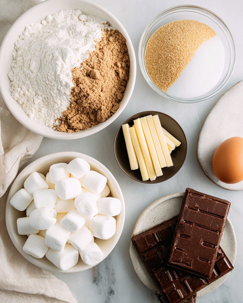A top-down view of various baking ingredients arranged on a white marbled surface; in the center-left, a white bowl holds layered dry ingredients including white flour, light brown powder, and baking soda forming distinct textured sections; to the top right, a clear glass bowl contains two layers of sugar, white granulated sugar and brown sugar, clearly separated; below it, a small dark bowl with pale yellow butter sticks layered vertically; bottom left features a white bowl filled with large white marshmallows piled high with smooth, rounded tops; on the right side, a brown egg lays beside a white plate holding dark brown Hershey’s chocolate bars stacked evenly; a white cloth napkin edges into the frame from the bottom left corner, all set on a clean, bright background. photo taken with an iphone --ar 4:5 --v 7