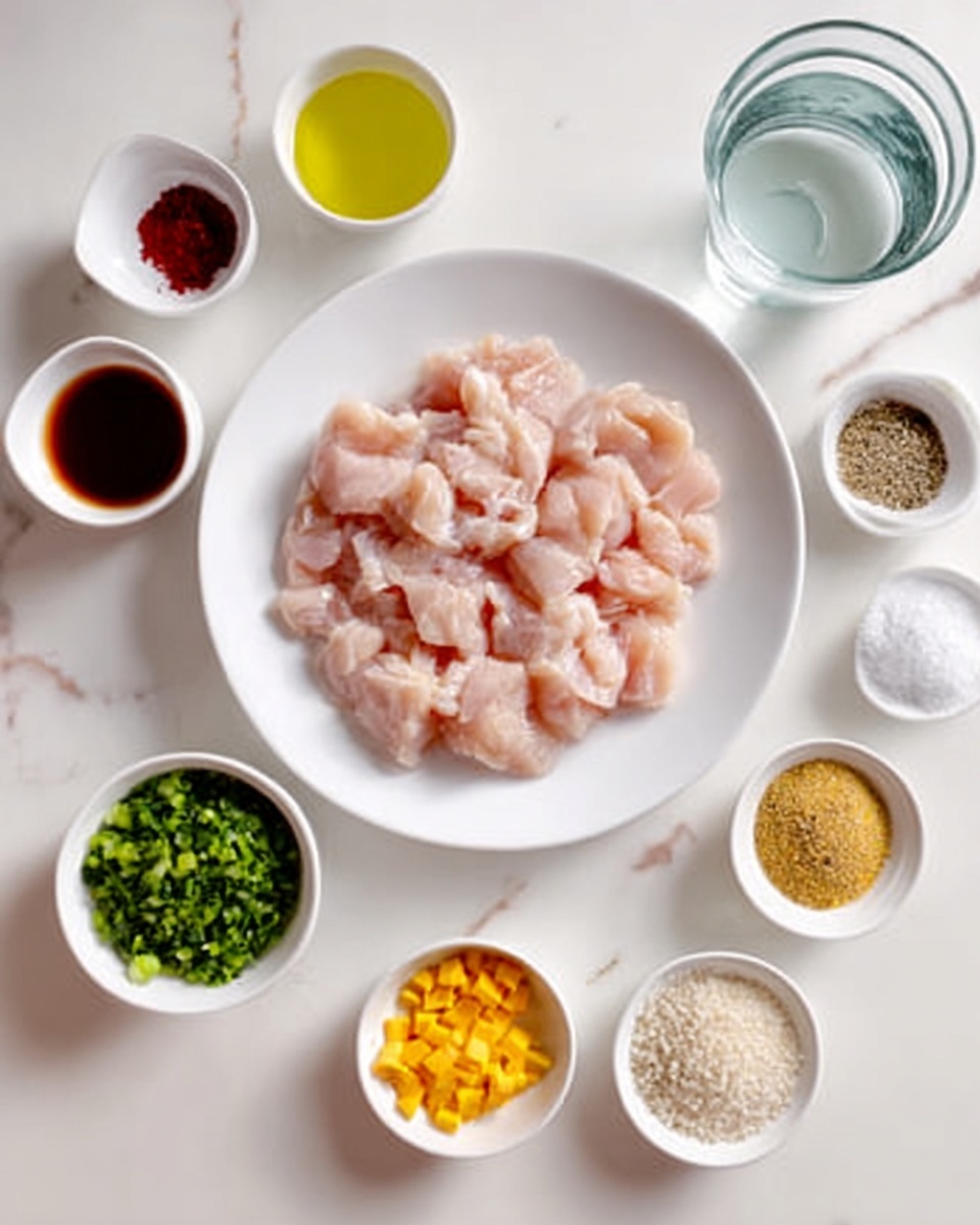 The image shows a white round plate filled with raw, light pink chicken pieces arranged loosely in the center. Surrounding the plate are small white bowls and glass containers holding various colorful ingredients: a small bowl with dark red sauce, another with bright yellow chunks, a bowl with white grains, a small bowl with green chopped herbs, and a glass with clear water. There are also small containers with white, yellow, and dark spices, some granulated and some powdery, all set on a white marbled surface. The ingredients are spread out neatly around the chicken plate, creating a balanced and clean look. photo taken with an iphone --ar 4:5 --v 7