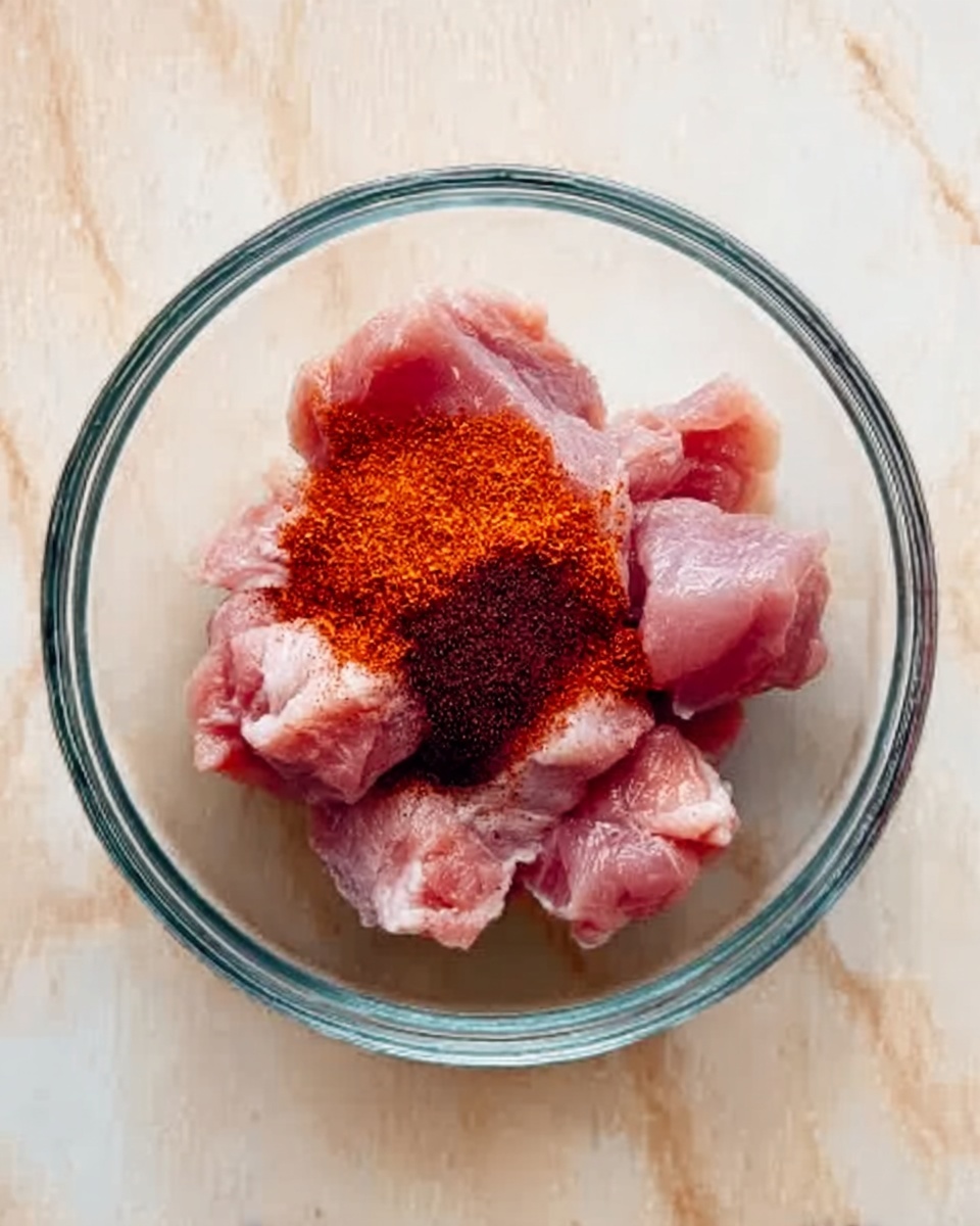 A clear glass bowl on a white marbled surface holds several pieces of raw pink meat arranged loosely with a dollop of dark red spice powder placed on top in the center. The meat has a fresh, smooth texture and the spice looks finely ground, contrasting vividly with the pale pink of the meat. The scene is simple and clean, focusing on the colors and textures inside the bowl photo taken with an iphone --ar 4:5 --v 7