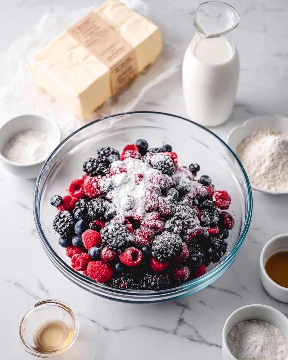 A clear glass bowl filled with a colorful mix of berries, including red raspberries, blue blueberries, and black blackberries, all sprinkled with white powdered sugar. Behind the bowl, there is a block of butter wrapped in paper and a small glass pitcher filled with white milk. Surrounding the bowl on the white marbled textured surface are small white bowls with flour and other baking ingredients, plus a small glass container with a light brown liquid and a tiny clear glass with white powder. The scene is bright and clean, viewed from above, showcasing the fresh ingredients ready for baking. photo taken with an iphone --ar 4:5 --v 7