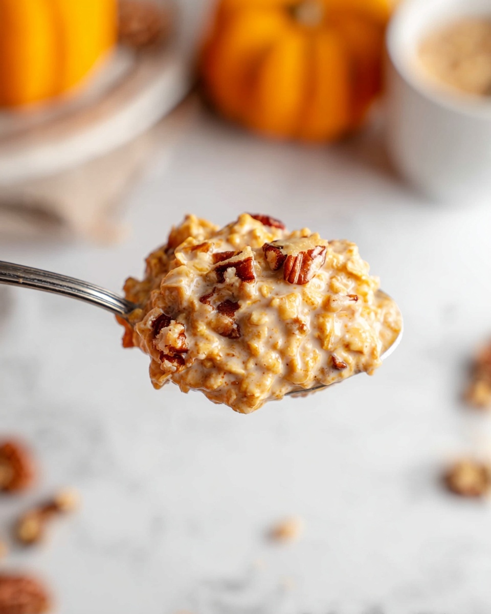 A close-up of a silver spoon filled with a thick mix of creamy, light orange oatmeal and small pieces of brown nuts. The oatmeal has a soft, slightly lumpy texture that holds the nuts evenly distributed throughout. The background is a white marbled surface with a few scattered crumbs and blurred out pumpkins and a white container. The spoon is centered and held up close to the camera, showing the textured detail of the oatmeal and nuts. photo taken with an iphone --ar 4:5 --v 7