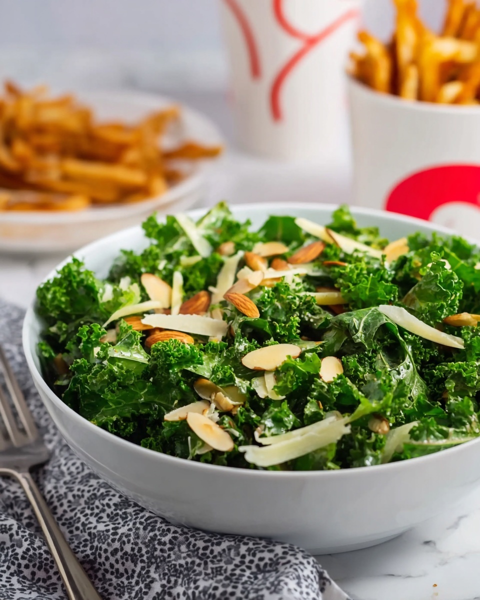 The image shows a white bowl filled with bright green kale leaves as the main layer. Thin pale strips of cheese and light brown almond slices are scattered on top of the kale, adding texture. The bowl is placed on a white marbled surface with a gray patterned cloth and a silver fork nearby to the left. To the right, there is a blurred background with a white cup that has red curved lines and some crispy golden fries in a white container. The fresh and colorful salad stands out against the clean, bright background. photo taken with an iphone --ar 4:5 --v 7