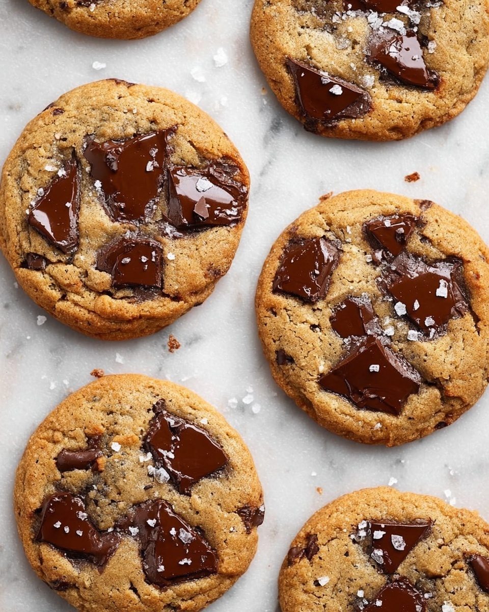 The image shows six round cookies placed on a white marbled surface. Each cookie has a golden-brown color with a slightly cracked texture on the surface. Large, dark chocolate chunks are scattered on top of each cookie, some melted and shiny, giving a rich contrast to the cookie dough. Small grains of white salt are sprinkled over the cookies, adding a touch of texture and color contrast. The cookies appear soft and thick with an even spread and rough edges. Photo taken with an iphone --ar 4:5 --v 7
