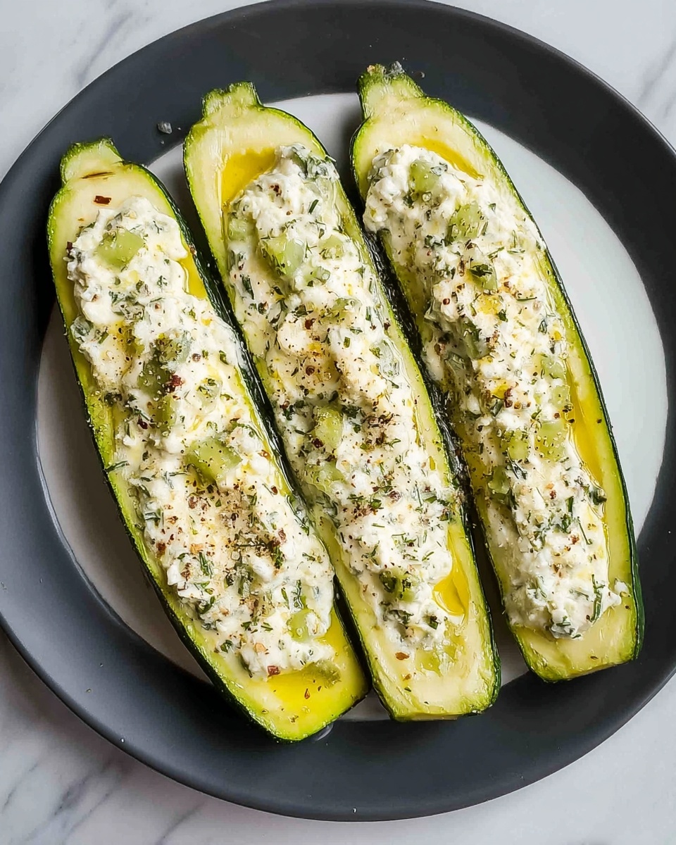 The image shows three zucchini halves placed side by side on a white plate with a dark surface. Each zucchini half is hollowed out and filled with a creamy white mixture that has small green bits and a slightly crumbly texture. The filling looks soft and is spread evenly inside the zucchini, with a light drizzle of yellow oil on top and a sprinkle of black pepper and herbs. The zucchini skin is dark green, and the inside flesh is a lighter green with a smooth texture. The plate rests on a white marbled surface. photo taken with an iphone --ar 4:5 --v 7