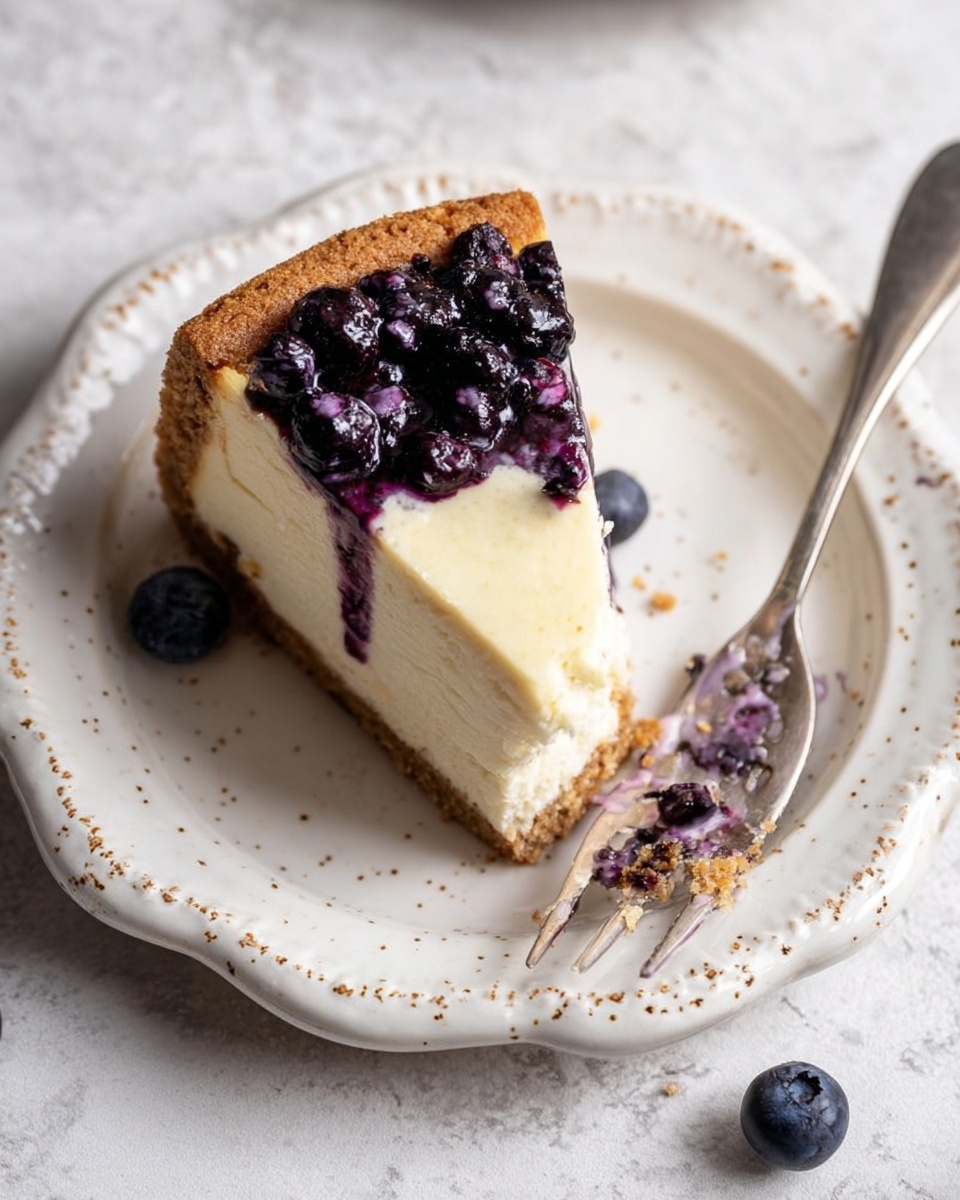 A single slice of cheesecake on a white plate with a scalloped edge and small brown speckles. The cheesecake has three layers: a thick light brown crumb crust on the bottom and sides, a smooth and creamy pale yellow filling in the middle, and a top edge decorated with dark purple blueberry pieces and syrup that slightly drip down into the filling. A silver fork rests on the right side of the plate with some blueberry stains on the tines. A few whole blueberries are scattered around the plate on a white marbled surface. Photo taken with an iphone --ar 4:5 --v 7