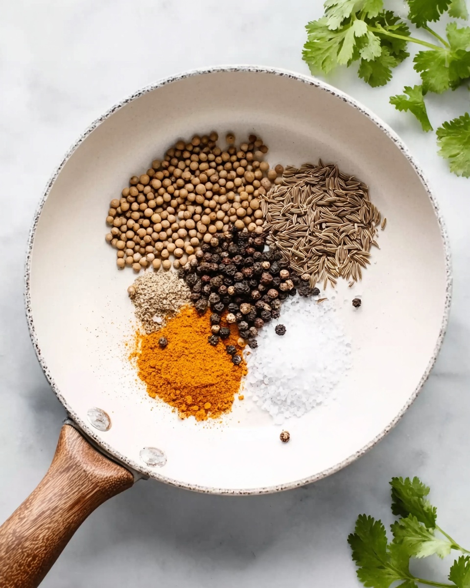 Inside a white pan with a wooden handle, there are four different spices arranged close together but not mixed. On the left side is a small pile of round, light brown seeds. Above it, there is a small bunch of long, thin, darker brown seeds. Next to these, there is a pile of small black peppercorns mixed with white seeds. Below the peppercorns, there is a bright orange powder, and to the right of the orange powder is a small pile of white salt. The pan is placed on a white marbled surface with a green cilantro leaf nearby. Photo taken with an iphone --ar 4:5 --v 7
