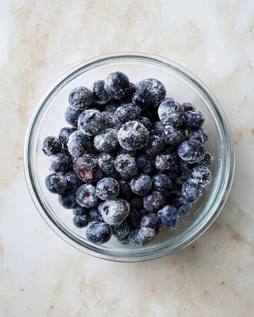 A clear glass bowl filled with dark blue blueberries that are lightly coated with a white powdery substance, set on a white marbled surface. The blueberries show a mix of deep blue and purple tones, with the powder unevenly spread, adding a rough texture to the fruit. photo taken with an iphone --ar 4:5 --v 7