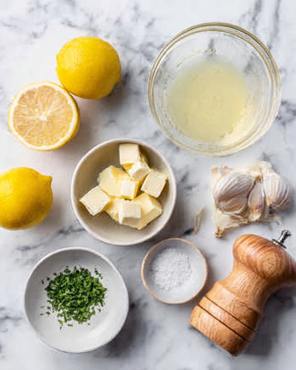 The image shows several small white bowls and ingredients arranged on a white marbled surface. One white bowl contains small cubes of pale yellow butter. Another small white bowl holds chopped green herbs. There is a small white dish with a little bit of coarse salt. Two whole yellow lemons and a halved lemon are placed directly on the white marbled background. A single garlic clove and a wooden pepper grinder with a light brown tone are also visible. A clear glass bowl contains a pale yellow liquid, likely lemon juice. A woman's hand is about to reach towards the lemon halves. Photo taken with an iphone --ar 4:5 --v 7