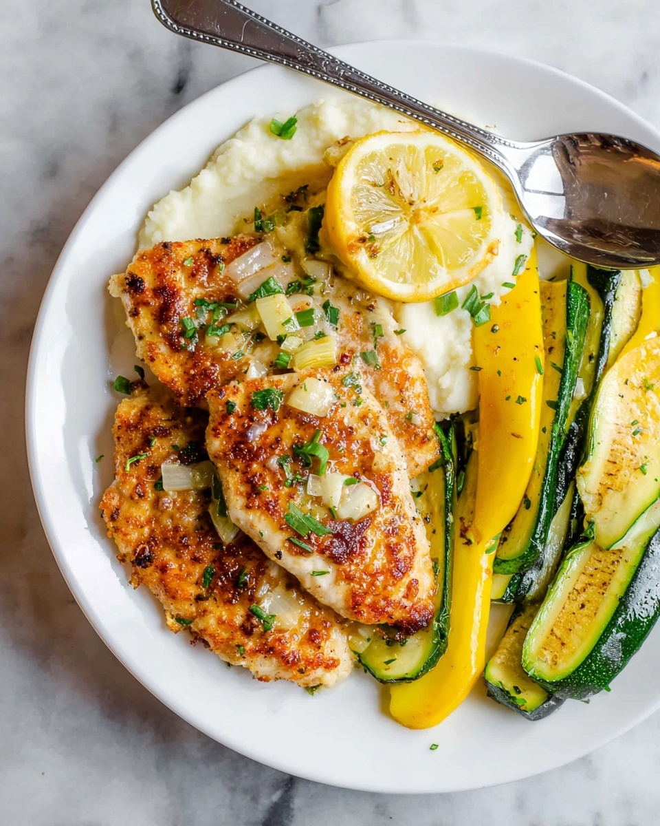 A white plate holds two golden-brown cooked pieces of chicken layered on top of green zucchini sticks and yellow squash slices at the bottom right side. To the left of the chicken, there is a creamy white mash, topped with a slice of lemon partially under the chicken. The chicken pieces are garnished with small green herb pieces and small bits of garlic or onion. A silver spoon rests on the plate near the zucchini and yellow squash. The plate is on a white marbled surface. Photo taken with an iphone --ar 4:5 --v 7
