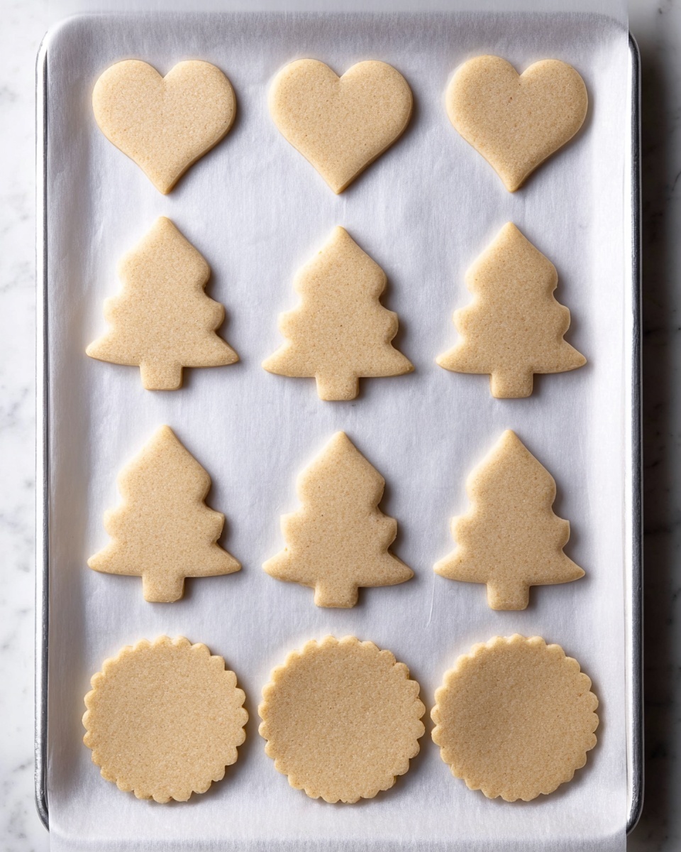 The image shows twelve unbaked sugar cookies placed on white parchment paper over a baking tray, arranged in four rows and three columns. The first row has three heart-shaped cookies, light beige in color with a smooth flat texture and defined edges. The second row displays three bell-shaped cookies with a similar smooth texture and light beige color. The third row has three Christmas tree-shaped cookies, each with three layers of triangular branches and a rectangular trunk at the bottom. The fourth row features three round cookies with scalloped edges, also light beige and smooth. The background surface is white marbled. Photo taken with an iphone --ar 4:5 --v 7