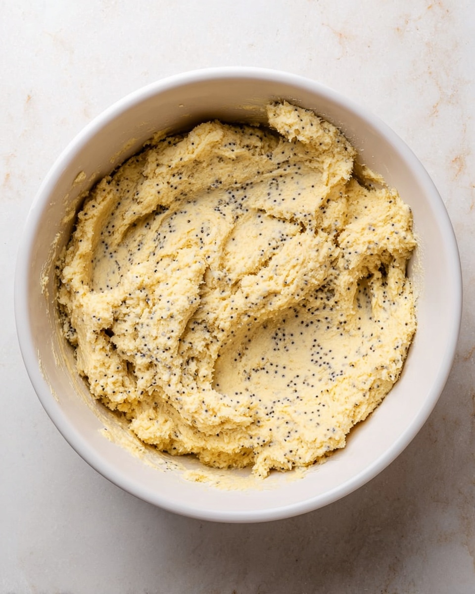 A white bowl filled with thick dough that has a pale yellow color mixed with small black poppy seeds evenly spread throughout. The dough has a slightly crumbly texture with some uneven surfaces and small clumps, pressed flat in the bowl, which is placed on a white marbled surface. Photo taken with an iphone --ar 4:5 --v 7
