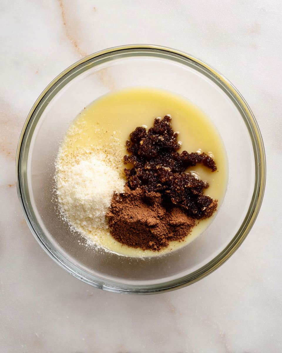 A clear glass bowl is placed on a white marbled surface, inside it there is a mix of three ingredients: a pale yellow syrupy liquid covering half of the bottom, a small pile of fine white granules in the middle left, and a cluster of dark brown, slightly sticky granules with some clumps on the right, their rough texture contrasting with the smooth liquid. photo taken with an iphone --ar 4:5 --v 7