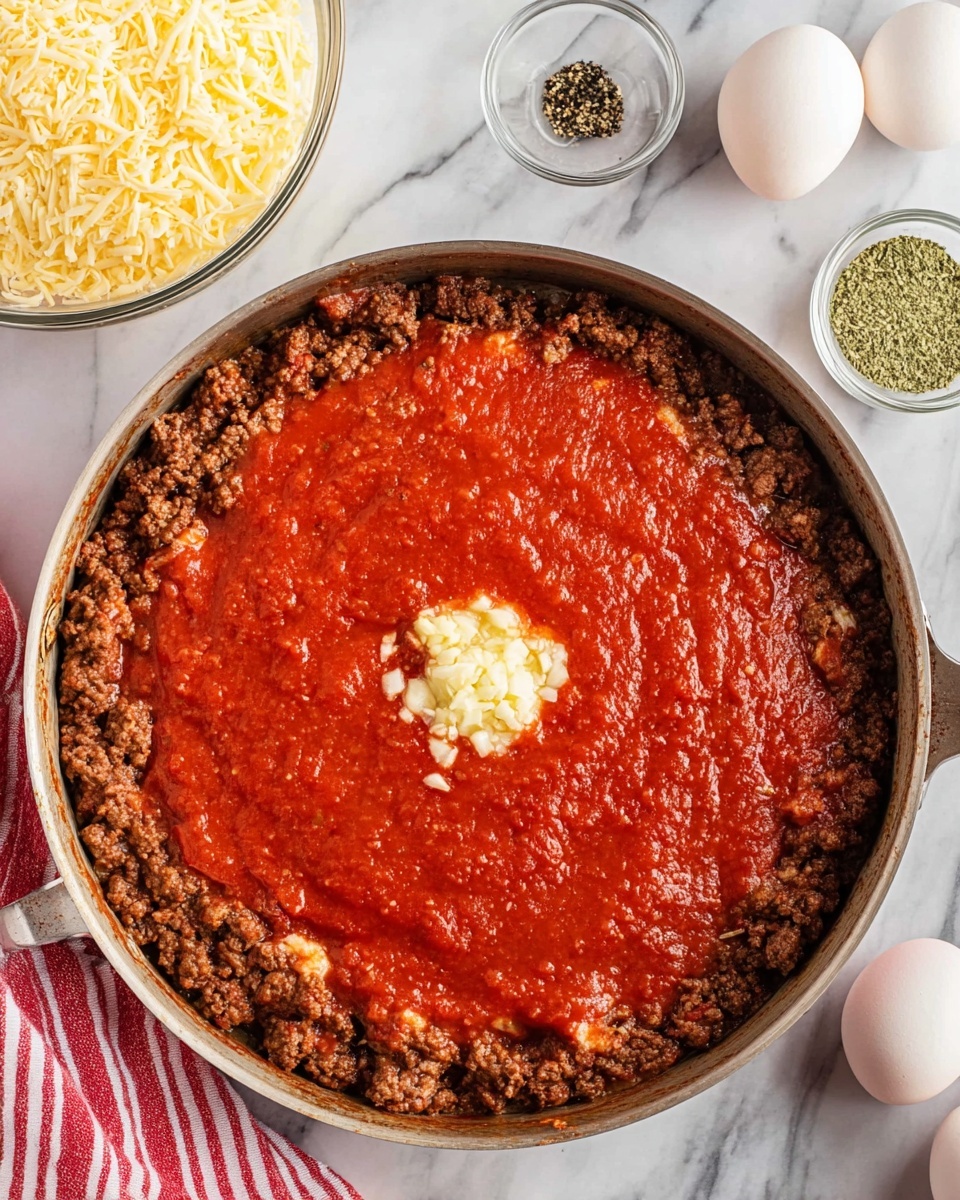 A round pan on a white marbled surface shows two layers inside; the bottom layer is browned ground meat with a crumbly and uneven texture, and the top layer is thick, bright red tomato sauce spread evenly over most of the meat except for a small central area where chopped garlic sits in a small pile. Around the pan are ingredients including a clear glass bowl of shredded pale yellow cheese, two whole white eggs, and a small white bowl with green and black spices. A red and white striped cloth is partially visible on the left side. Photo taken with an iphone --ar 4:5 --v 7