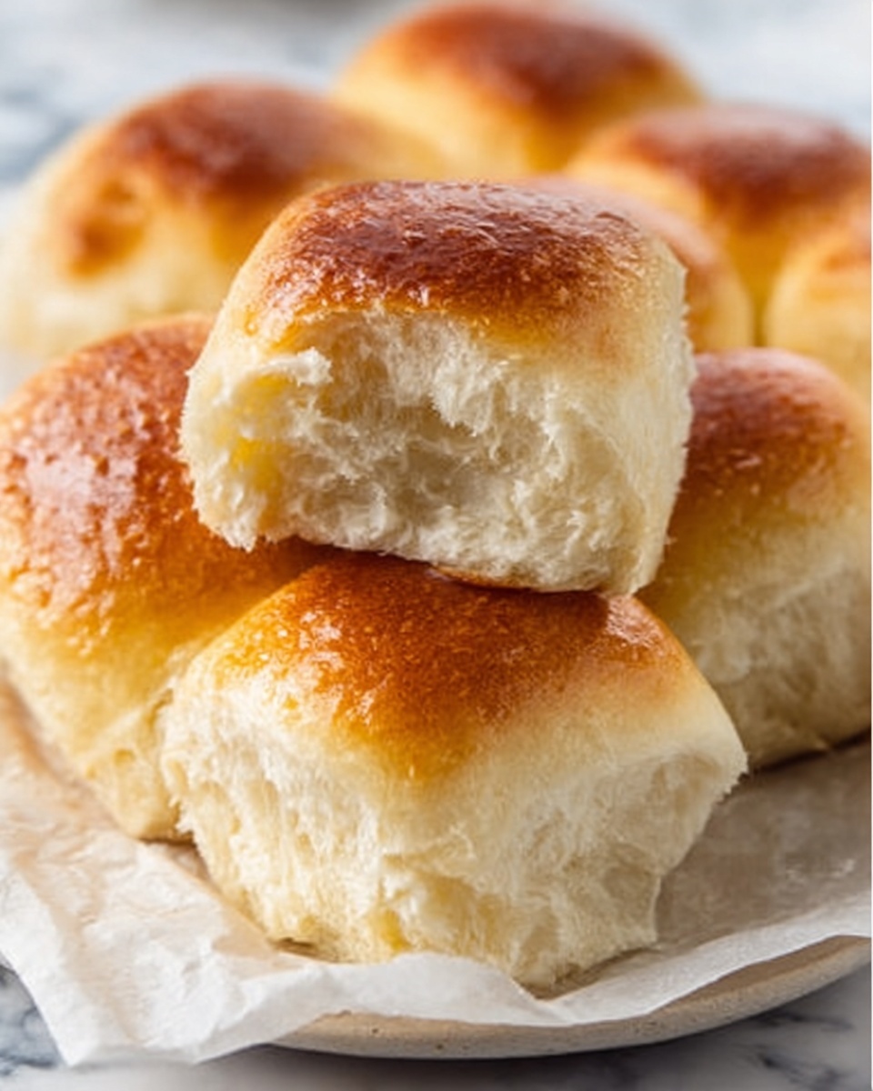 The image shows a stack of soft bread rolls on a white marbled surface, arranged closely on a white plate lined with parchment paper. There are two layers visible; the bottom layer has a smooth, light golden color with a soft fluffy texture, and the top layer is a rich golden brown with a slightly shiny surface. One roll is slightly torn open, showing the light and airy inside with a soft, fluffy texture. The focus is on the front rolls, with the rest blurred in the background. photo taken with an iphone --ar 4:5 --v 7