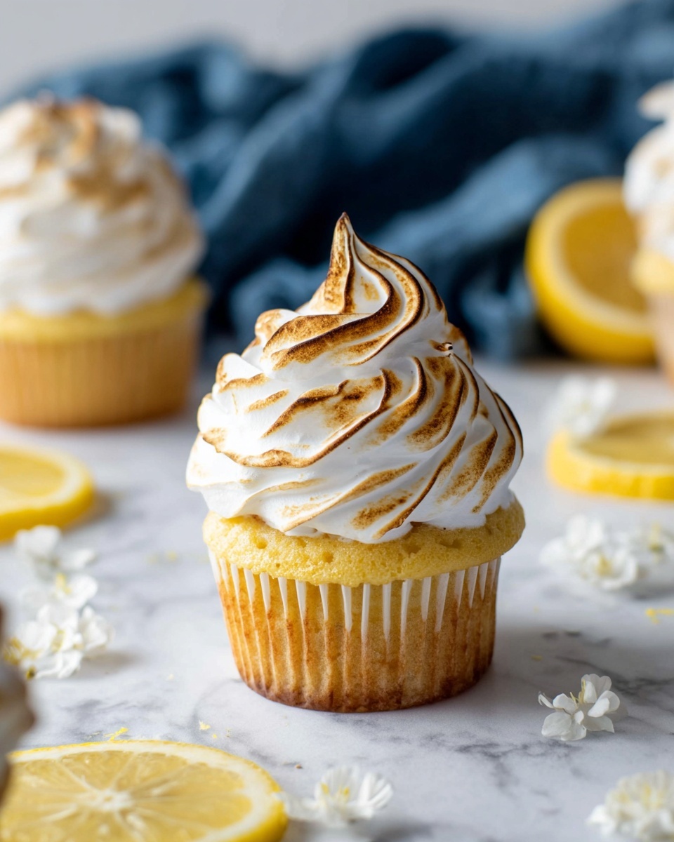 A single cupcake sits on a white marbled surface. It has two main layers: a golden-yellow cake base and a thick swirl of toasted white meringue on top, with light brown highlights from toasting. In the background, there are more cupcakes and two lemon slices in front, all surrounded by small white flower petals scattered around. A dark blue cloth is softly folded behind the cupcake. photo taken with an iphone --ar 4:5 --v 7