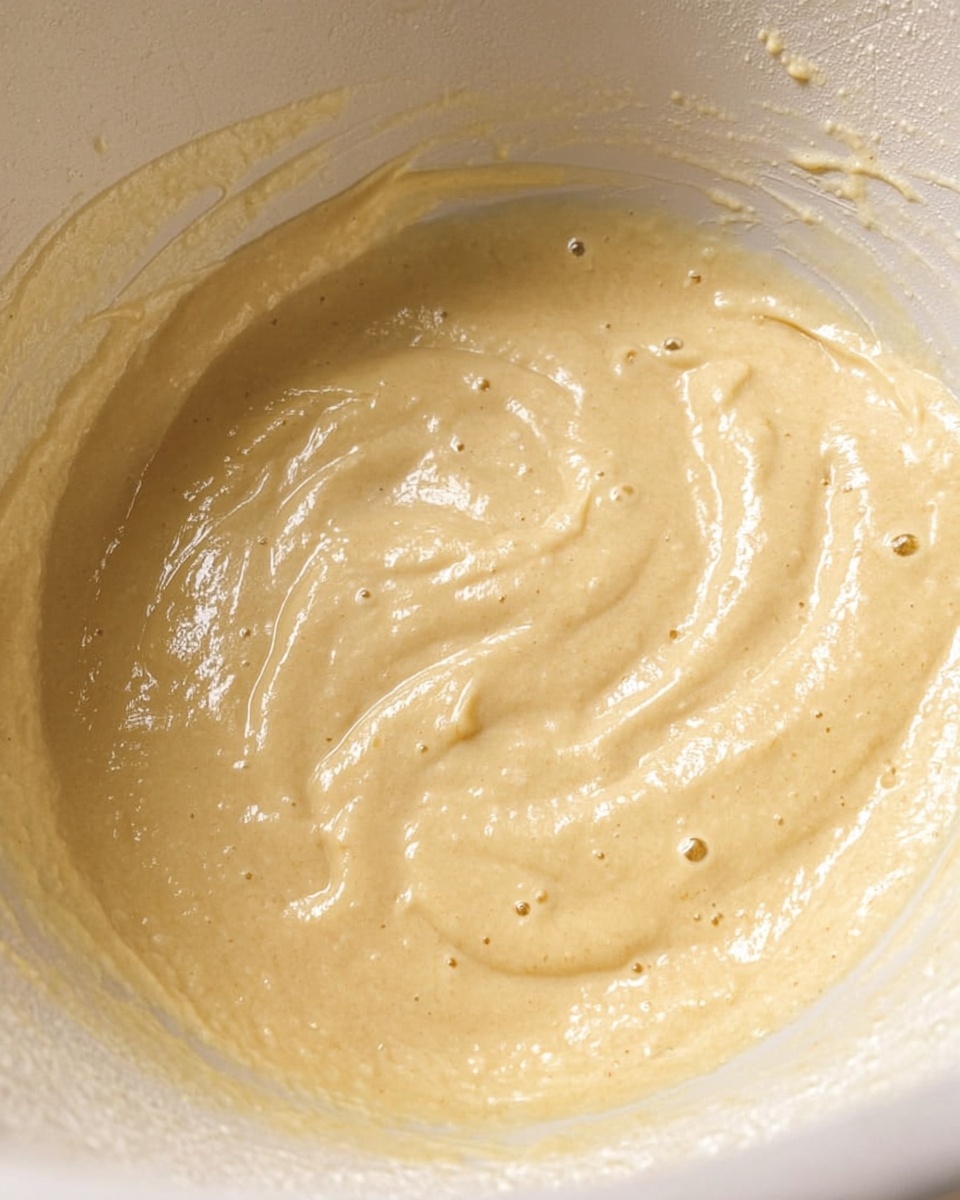 A close-up view of a white mixing bowl filled with a smooth, pale yellow batter that has a creamy texture with soft peaks and slight gloss, showing small bubbles and subtle swirls on the surface, set on a white marbled background photo taken with an iphone --ar 4:5 --v 7