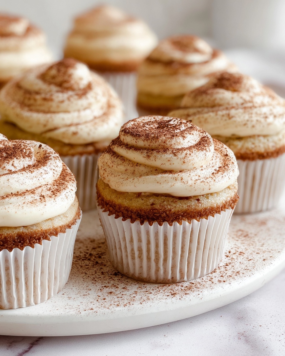 The image shows several cupcakes placed closely together on a white plate with some cocoa powder sprinkled around. Each cupcake has one layer of light brown cake with a slightly textured surface, topped by a thick swirl of creamy white frosting dusted with cocoa powder giving a light brown speckled finish. The cupcakes sit in white paper liners, and the background is softly blurred with a white marbled texture below. The lighting is soft and warm, highlighting the smoothness of the frosting and the delicate cake texture. photo taken with an iphone --ar 4:5 --v 7