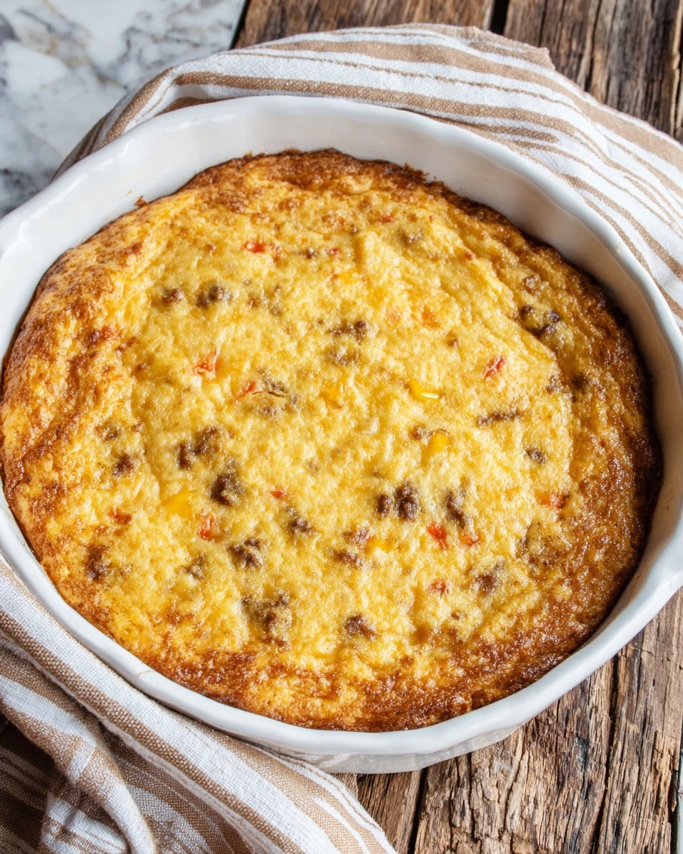 A round white baking dish holds a single-layer baked dish with a golden brown top that is slightly uneven and textured, showing small bits of darker brown and yellow throughout. The edges of the dish have a more browned, crispy look, while the center appears softer with small flecks of red and yellow visible inside the dish. A beige and white striped cloth is draped partly over the top edge of the baking dish. The dish is placed on a rustic wooden surface with a white marbled texture in the background. photo taken with an iphone --ar 4:5 --v 7
