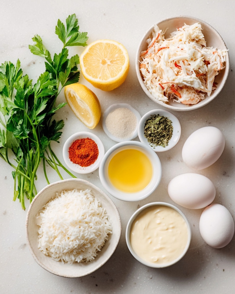 The image shows a white marble surface with small white bowls and whole eggs arranged neatly. One bowl has shredded white crab meat, another bowl contains white rice, and smaller bowls hold green pepper, red paprika powder, and pale yellow lemon juice. There is a half lemon and a wedge of lemon placed on the marble background. Fresh green parsley leaves lie at the side, and two raw eggs are placed directly on the marble. There is also a small white bowl filled with a light creamy sauce and a pat of soft cream on the side photo taken with an iphone --ar 4:5 --v 7