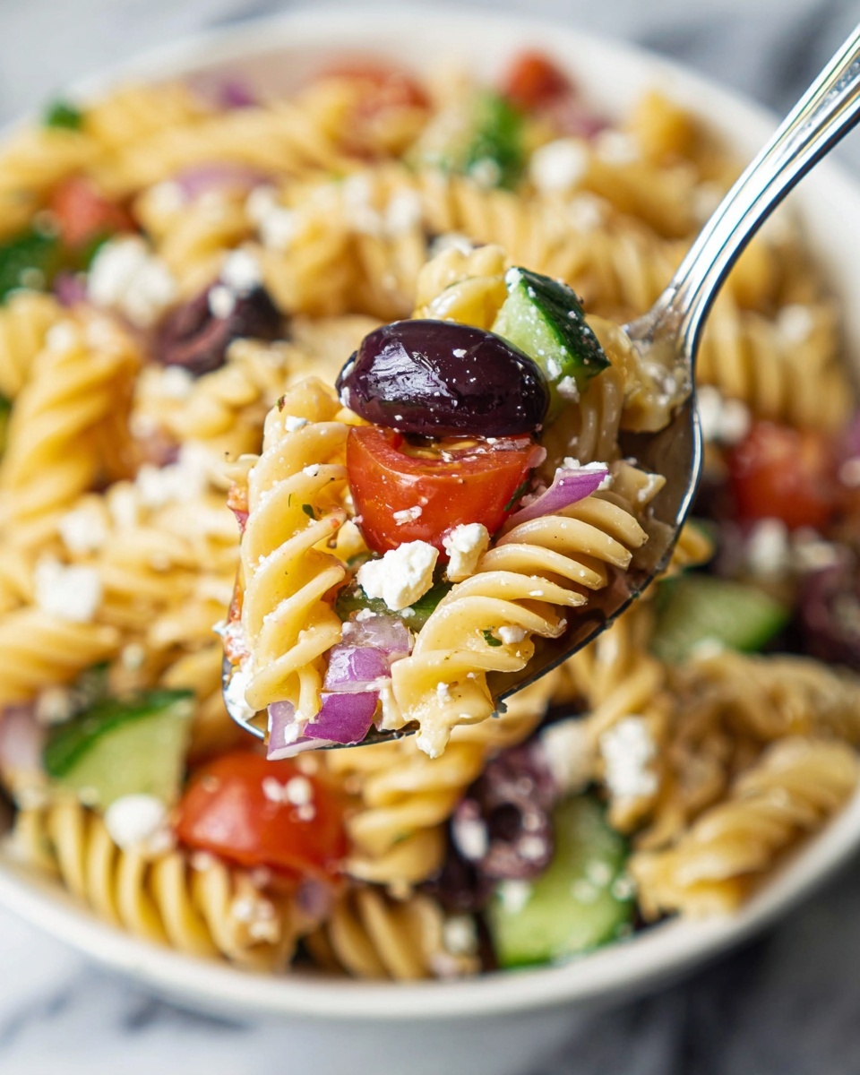 A close-up image of a white bowl filled with rotini pasta layered with chunks of red tomato, slices of green cucumber, dark purple olives, small pieces of red onion, and sprinkled with crumbled white cheese. On top, a silver spoon holds a serving with twisted pasta, an olive, a slice of cucumber, a tomato piece, bits of onion, and cheese crumbles, showcasing the colorful, fresh ingredients with a slightly shiny texture. The background features a white marbled surface. Photo taken with an iphone --ar 4:5 --v 7