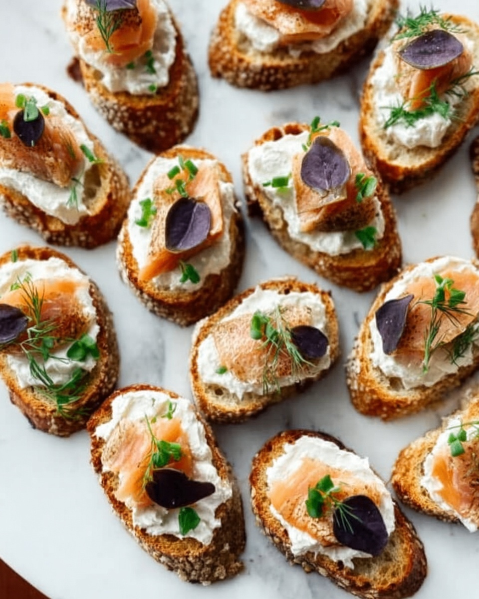 The image shows a white plate filled with many small open-faced toasts. Each toast has three layers: the base is a toasted bread slice with a golden-brown crust and rough texture, the middle layer is a spread of white creamy cheese, and the top layer has pieces of pink salmon and small dark green leaves. The toasts are placed closely together on a white marbled surface. photo taken with an iphone --ar 4:5 --v 7