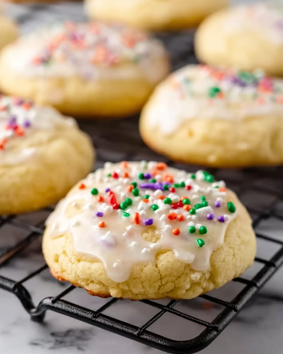 The image shows soft, round cookies with a pale yellow color, placed on a black wire cooling rack. Each cookie is coated with a thin layer of white icing that looks slightly shiny and smooth, and they are topped with small, colorful round sprinkles in red, green, purple, and orange. The cookies are arranged close to each other, and the nearby cookies appear slightly blurred to create a depth effect. The background and surface below the cooling rack is a white marbled texture. photo taken with an iphone --ar 4:5 --v 7