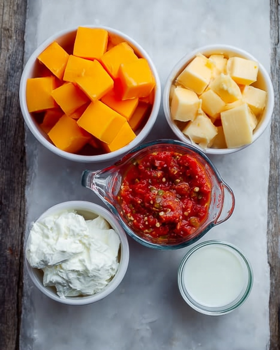 The image shows five containers arranged on a white marbled surface. At the top left, there is a white bowl filled with bright orange cheese cubes stacked neatly. To the top right, a white bowl contains pale yellow cheese cubes. Below them, in the center, a clear glass measuring cup holds a chunky red tomato and pepper salsa with visible seeds. To the bottom left, a small white bowl has a soft, white cream cheese-like substance with a smooth texture. On the bottom right, a small clear glass cup is filled with a white liquid, likely milk or cream. The rustic background contrasts with the bright colors of the ingredients. photo taken with an iphone --ar 4:5 --v 7