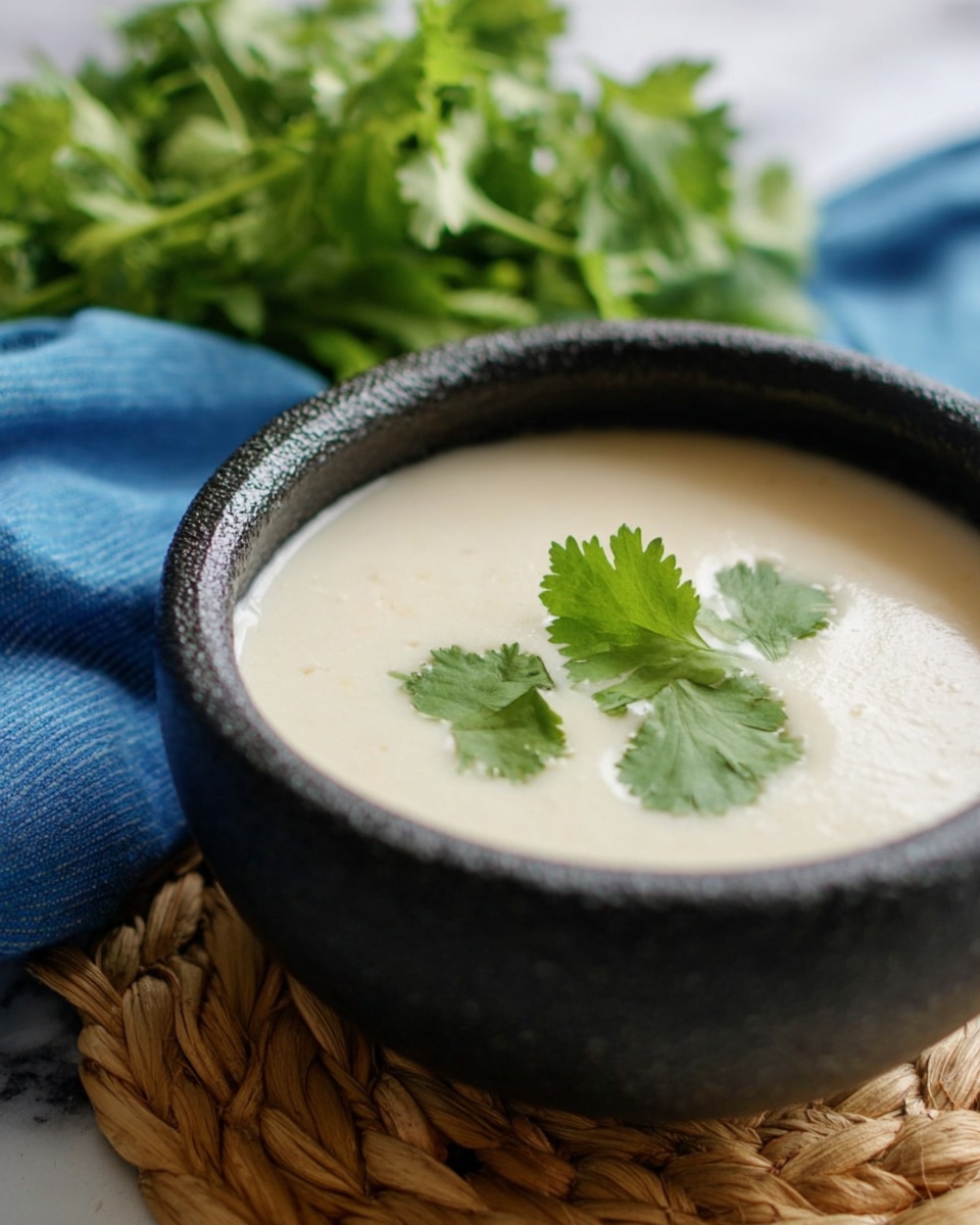 A close-up of a black textured bowl filled with smooth, creamy white soup, topped with three fresh green cilantro leaves placed near the center. The bowl sits on a natural woven placemat, with a blurred bunch of green leafy herbs in the background and a blue cloth partially visible behind it. The scene is set on a white marbled surface. photo taken with an iphone --ar 4:5 --v 7
