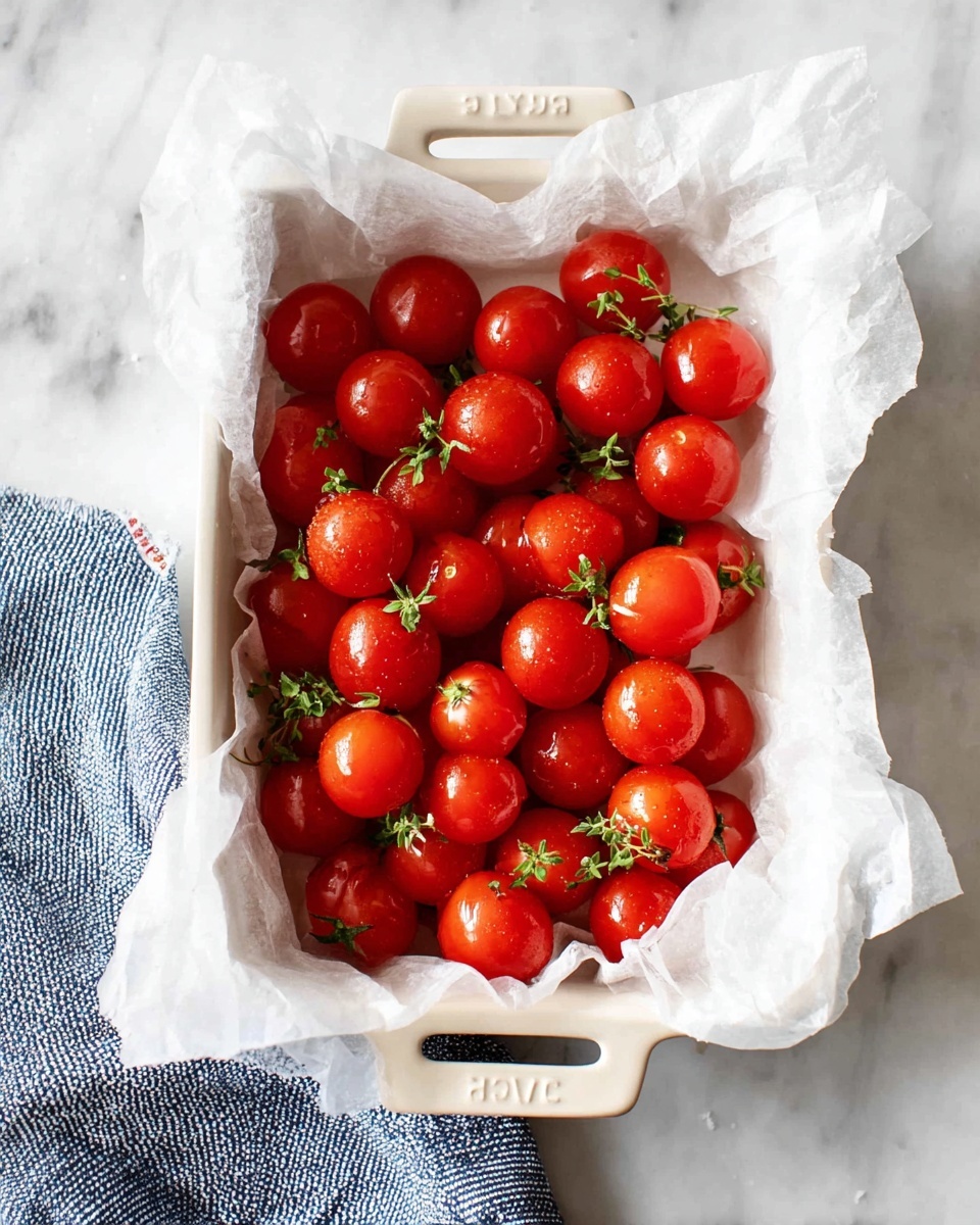 A rectangular white ceramic baking dish lined with crumpled white parchment paper holds a single layer of bright red whole cherry tomatoes, each shiny and smooth with a slight gloss. Small sprigs of fresh green thyme are scattered evenly across the tomatoes, adding contrast to the vibrant red. The dish rests on a white marbled surface with parts of a blue and white textured cloth visible in the lower left corner. The lighting highlights the freshness and natural shine of the tomatoes. photo taken with an iphone --ar 4:5 --v 7