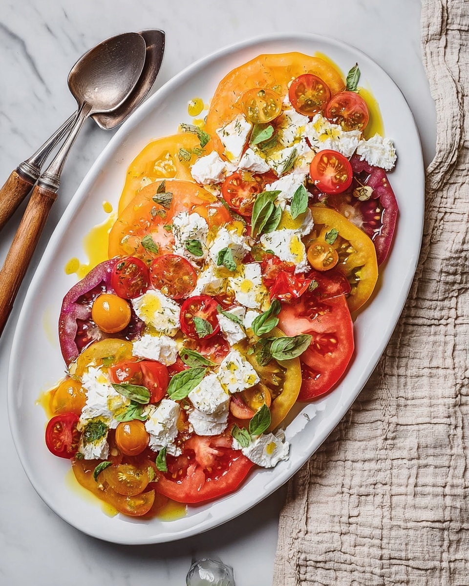 This image shows a colorful salad with three main layers. The bottom layer consists of sliced tomatoes in different colors—red, yellow, and purple—with smooth, shiny textures. On top of the tomatoes, there are large white pieces of soft cheese placed unevenly, some pieces showing a rough texture. Over the cheese, there is a shiny yellow dressing drizzled in small pools and scattered across, sprinkled with black pepper. Fresh green herb leaves are spread evenly across the salad, adding contrast with their smooth and vibrant look. The dish sits on a white plate against a white marbled background. photo taken with an iphone --ar 4:5 --v 7