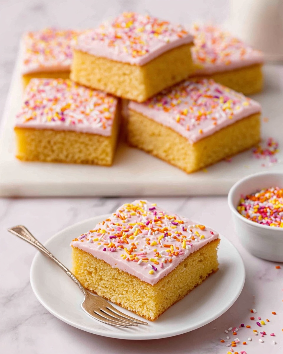 The image shows seven square pieces of a yellow cake with a light pink frosting layer on top, each sprinkled with small colorful sprinkles in shades of yellow, orange, red, and purple. Six pieces are stacked on a white marble surface in the background, arranged in two layers with three pieces per layer, while one piece is placed on a white plate in the foreground next to a silver fork. On the right side, a small white bowl holds extra colorful sprinkles, some of which are scattered on the white marble surface nearby. The overall scene is bright with a soft focus, highlighting the texture of the cake and the smooth frosting. Photo taken with an iphone --ar 4:5 --v 7