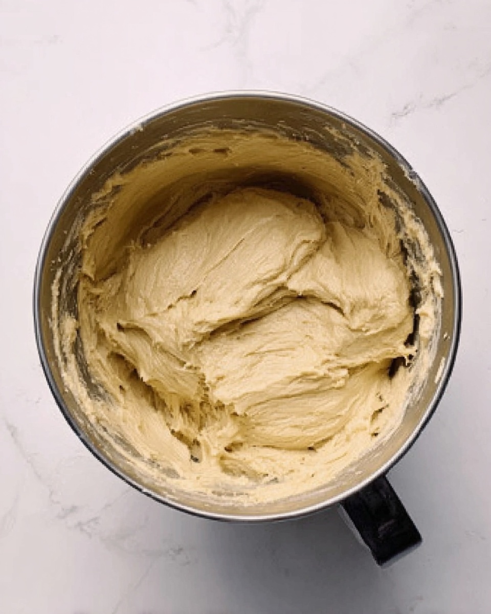 The image shows a close-up of thick, pale yellow dough inside a metal mixing bowl with a black handle. The dough looks smooth and soft with some folds and ridges on its surface, filling most of the bowl. The bowl is placed on a white marbled surface, giving a clean and bright background. photo taken with an iphone --ar 4:5 --v 7