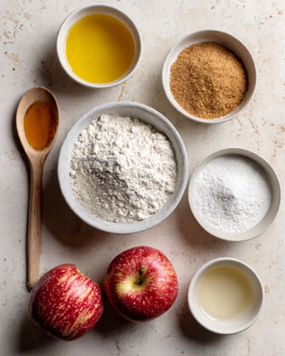 The image shows several white bowls and a wooden spoon arranged on a white marbled texture surface. In the center, there is a white bowl filled with white flour, and near it, two red apples with small spots. To the right, a white bowl holds brown sugar, and in front of it, another white bowl contains a light brown powder, likely cinnamon. There is also a white bowl with a yellow liquid, probably melted butter, and a small white bowl with a white powder, possibly baking soda or baking powder. A small cup with a pale liquid is behind the wooden spoon, which is beside the apples. Photo taken with an iphone --ar 4:5 --v 7