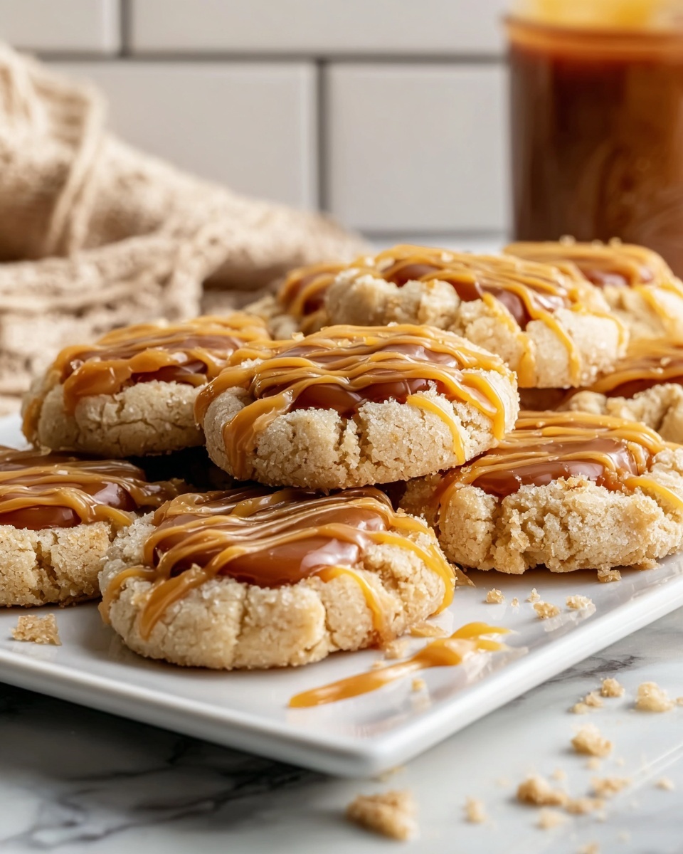 A white rectangular plate holds two layers of crumbly, pale beige cookies with a slightly cracked texture on the edges. Each cookie has a center filled with thick, glossy, light brown caramel, topped with a smooth caramel drizzle creating irregular stripes across the surface. The cookies are arranged close together on the plate, with some crumbs scattered around. The setting is on a white marbled texture surface with a blurred background of white tiles and a jar with caramel sauce behind the plate. Photo taken with an iphone --ar 4:5 --v 7