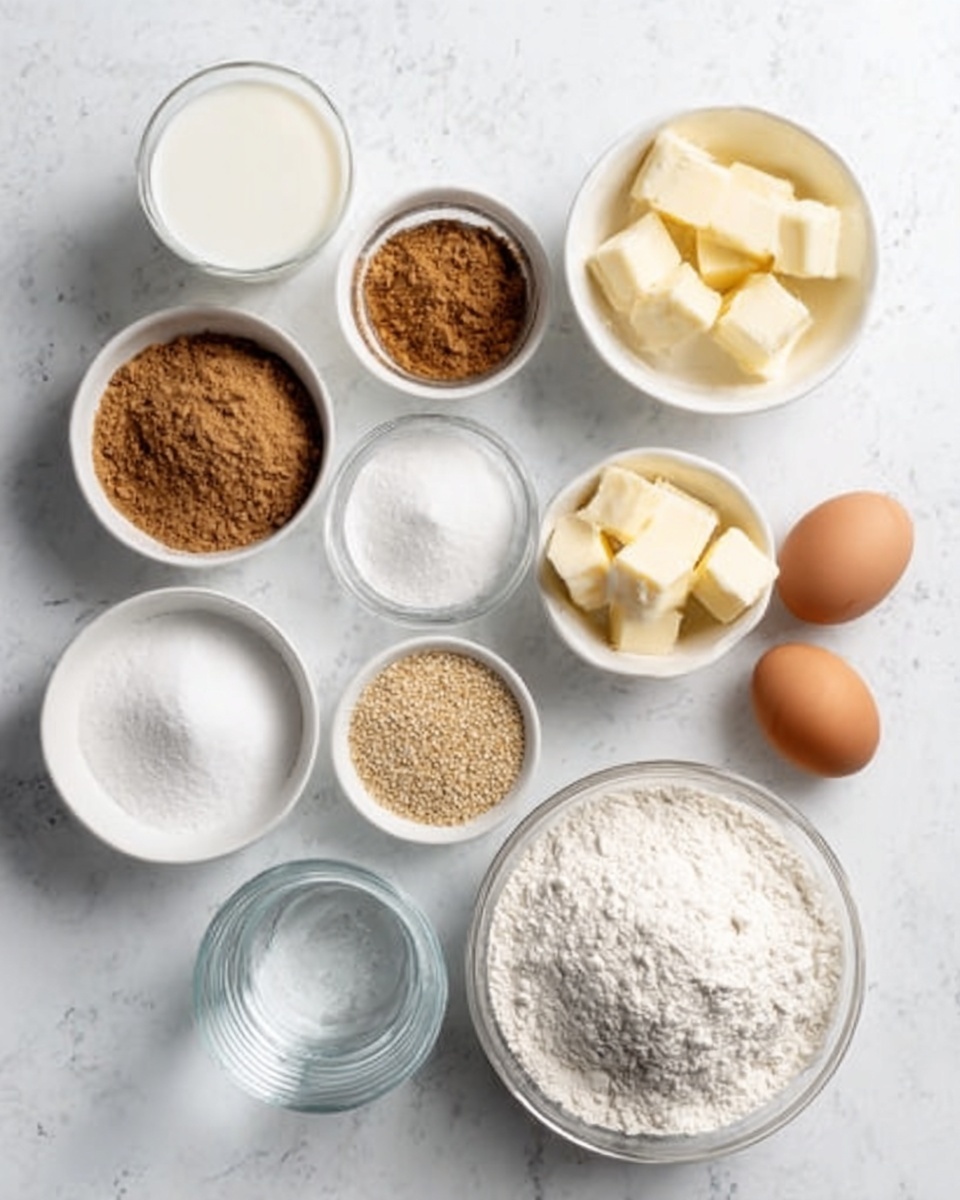 The image shows a top view of ingredients for baking arranged neatly on a white marbled surface. There are eight white bowls and glasses in total: one filled with white flour at the bottom right, another with brown sugar at the bottom left, a third with white granulated sugar at the center, a fourth with golden yellow butter cubes, a fifth with light brown cinnamon powder, and a sixth with light beige sesame seeds. There are two whole brown eggs placed between the sugar and flour bowls, and a clear glass with water sits at the bottom center. A glass of white milk is placed at the top left. The overall setup is clean and organized. Photo taken with an iphone --ar 4:5 --v 7