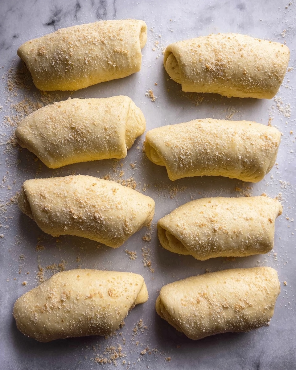The image shows eight uncooked rolled dough pieces arranged in two uneven rows on a white marbled textured surface covered with parchment paper. Each dough roll has a light yellowish color with a slightly rough texture sprinkled lightly with crumbs or sugar, giving a speckled look. The rolls vary slightly in size but are mostly oval-shaped with tapered ends and some folds visible where the dough is wrapped. The overall lighting is soft, highlighting the pale, doughy texture clearly. photo taken with an iphone --ar 4:5 --v 7