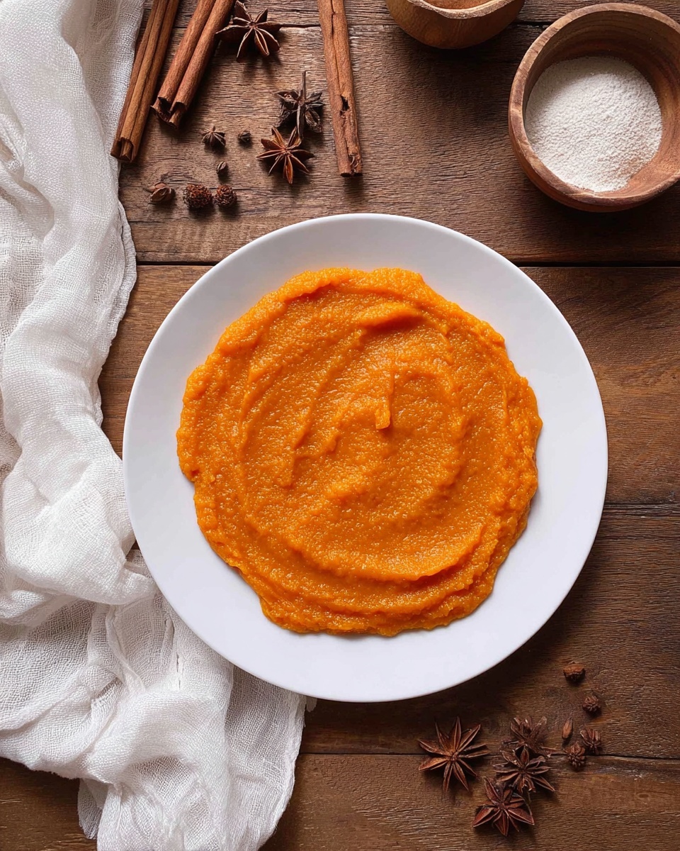 A white plate holds one even layer of smooth, bright orange puree with some light texture marks across its surface, spread thinly and evenly. The plate sits on a wooden table surrounded by spices like cinnamon sticks and star anise and a bowl with a white powder substance. There is a soft white cloth draped casually to the left side of the plate. Photo taken with an iphone --ar 4:5 --v 7