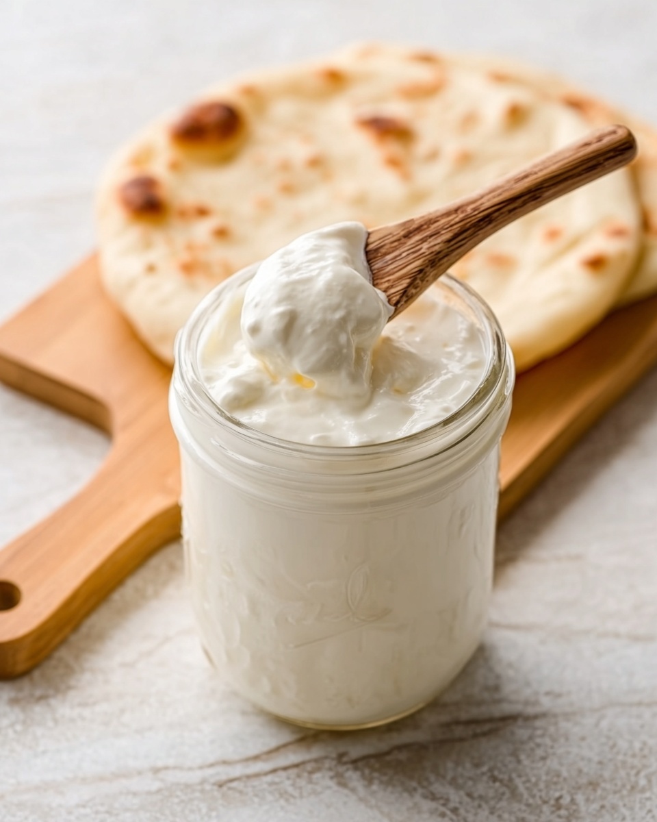 The image shows a clear glass jar filled with thick, creamy white yogurt. On top of the jar is a small wooden spoon with creamy yogurt on it. Behind the jar, there is a soft, light brown flatbread resting on a light wood cutting board with a handle. The setting is on a white marbled surface, giving a clean look. photo taken with an iphone --ar 4:5 --v 7