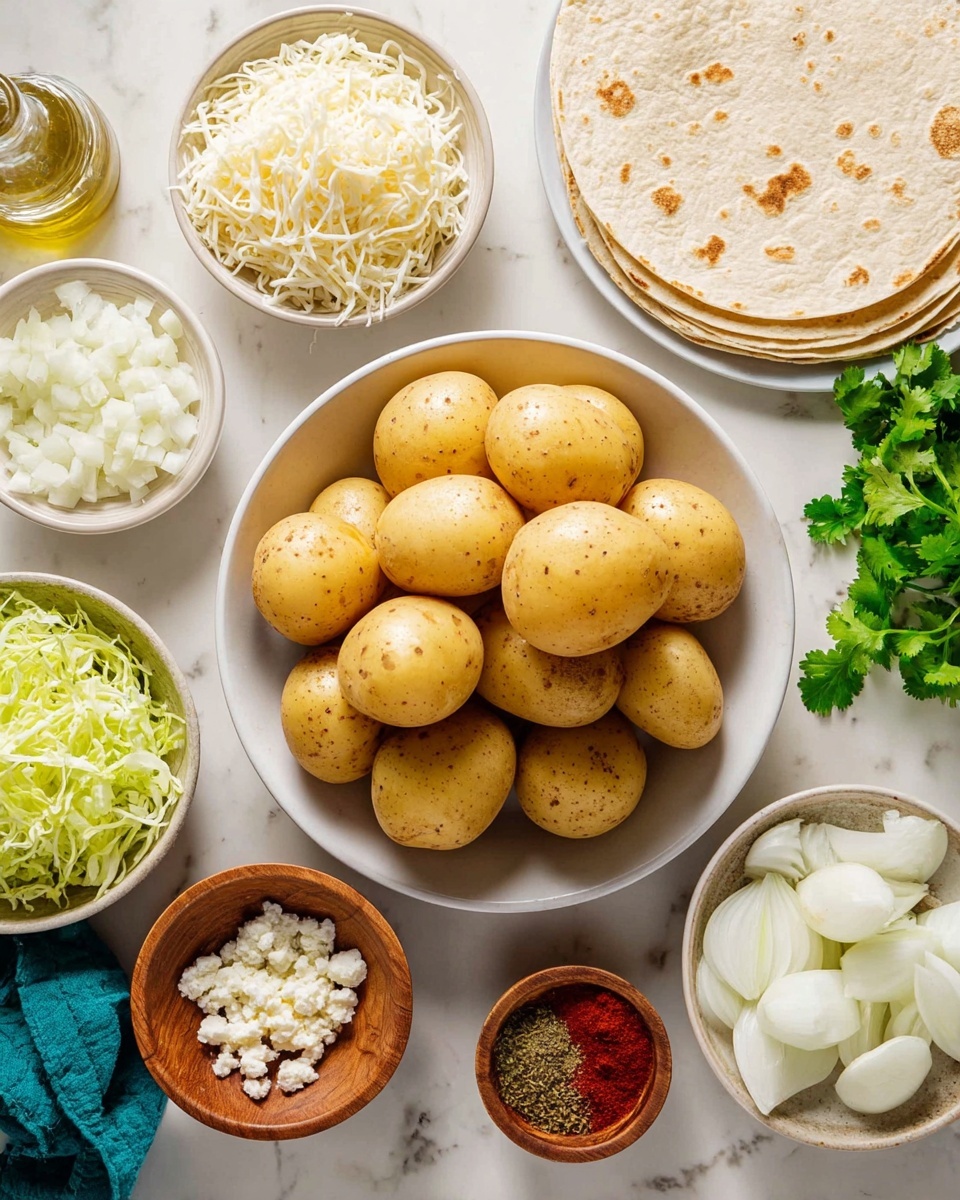The image shows a white round bowl in the center filled with about eight small yellow potatoes with a smooth texture and brown spots. Surrounding the bowl on a white marbled surface are several smaller white bowls holding different ingredients: one with shredded white cheese, one with small white diced onions, one with crumbled white cheese, and one with sliced white onions. To the side, a white plate holds a neat stack of soft tortillas. Additionally, there are small wooden bowls with pale green shredded lettuce and salt, and a small white plate containing four different spices in red, brown, and beige tones. A clear glass bottle with oil is also visible. Fresh green cilantro sprigs are scattered around the bowls, adding a pop of color. Photo taken with an iphone --ar 4:5 --v 7