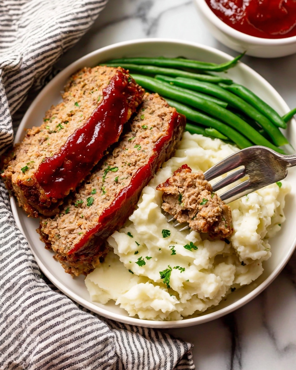 A white plate holds a meal with three main parts: two thick slices of brown meatloaf with a slightly rough texture, topped with a shiny red sauce strip in the middle, bright green cooked green beans placed next to the meatloaf, and creamy mashed potatoes with a smooth, fluffy look sprinkled with small green herbs. A silver fork is lifting a piece of mashed potato and meatloaf from the plate. The plate sits on a white marbled surface, with a striped gray cloth napkin nearby and a white bowl of red sauce in the background. Photo taken with an iphone --ar 4:5 --v 7