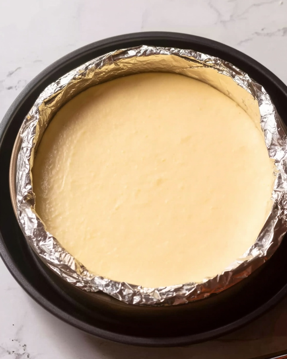 The image shows a round white plate holding a smooth, creamy light-yellow batter that fills the plate almost to the rim. Around the plate's sides, pieces of crumpled aluminum foil cover and wrap it tightly. The plate is placed inside a black oven tray, and the background is a white marbled surface. The batter looks thick and evenly spread without any visible bubbles or texture variations. photo taken with an iphone --ar 4:5 --v 7
