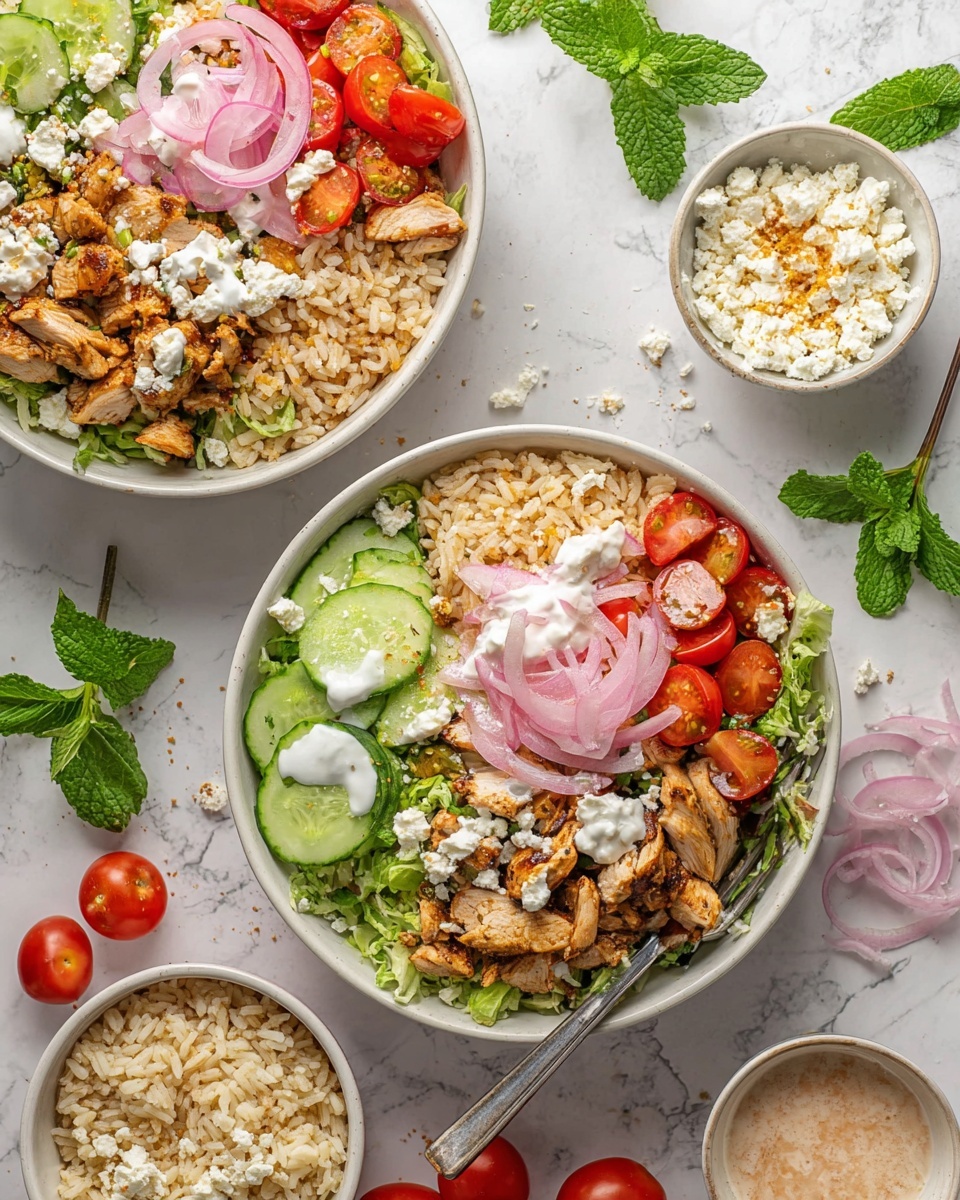 The image shows two white bowls filled with layered food on a white marbled surface. The base layer in each bowl is shredded green lettuce, topped with cooked brown rice placed on one side. To one side of the rice, there are slices of light green cucumber arranged neatly. Next to the cucumber are pieces of cooked golden-brown chicken. On top, there are scattered halved red cherry tomatoes and a layer of thin pink pickled onion slices. Small dollops of white creamy sauce are placed on the rice and chicken, with crumbled white cheese sprinkled all over. A silver fork rests on the edge of one bowl. The scene also includes scattered fresh green mint leaves and whole red cherry tomatoes on the vine around the bowls. Nearby are small white bowls with extra rice, creamy sauce, and cheese. Photo taken with an iphone --ar 4:5 --v 7