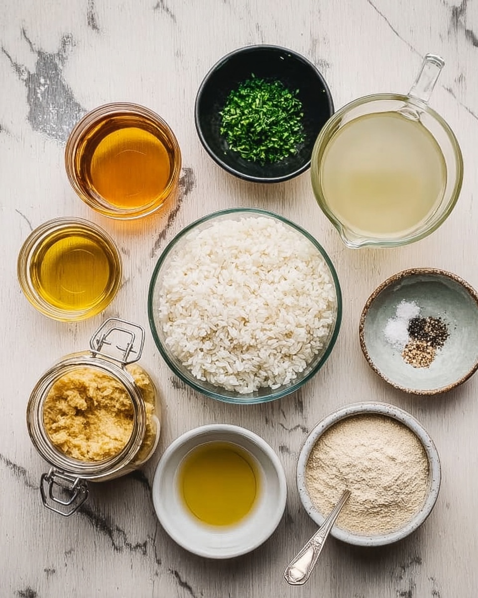 The image shows several small clear glass and white bowls arranged on a white marbled surface, each containing different cooking ingredients. In the center, a medium clear glass bowl holds white rice. Above it is a small black bowl with chopped green herbs. To the right of the rice, a larger clear glass cup contains a pale yellow liquid, and below it is a small white bowl with ground black pepper and salt. To the left of the rice, two medium clear glass jars hold golden yellow and amber liquids. Below those, a small white bowl has a thick yellowish paste with a silver spoon. Another small dark bowl sits nearby filled with a light beige powder. In front of the rice bowl is a tiny white bowl with a light golden oil. The scene is softly lit, showing the texture and colors of ingredients clearly, photo taken with an iphone --ar 4:5 --v 7